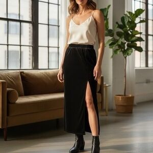 Vintage Black Velvet Bodycon Maxi Skirt Front Slit Pull On Size 10